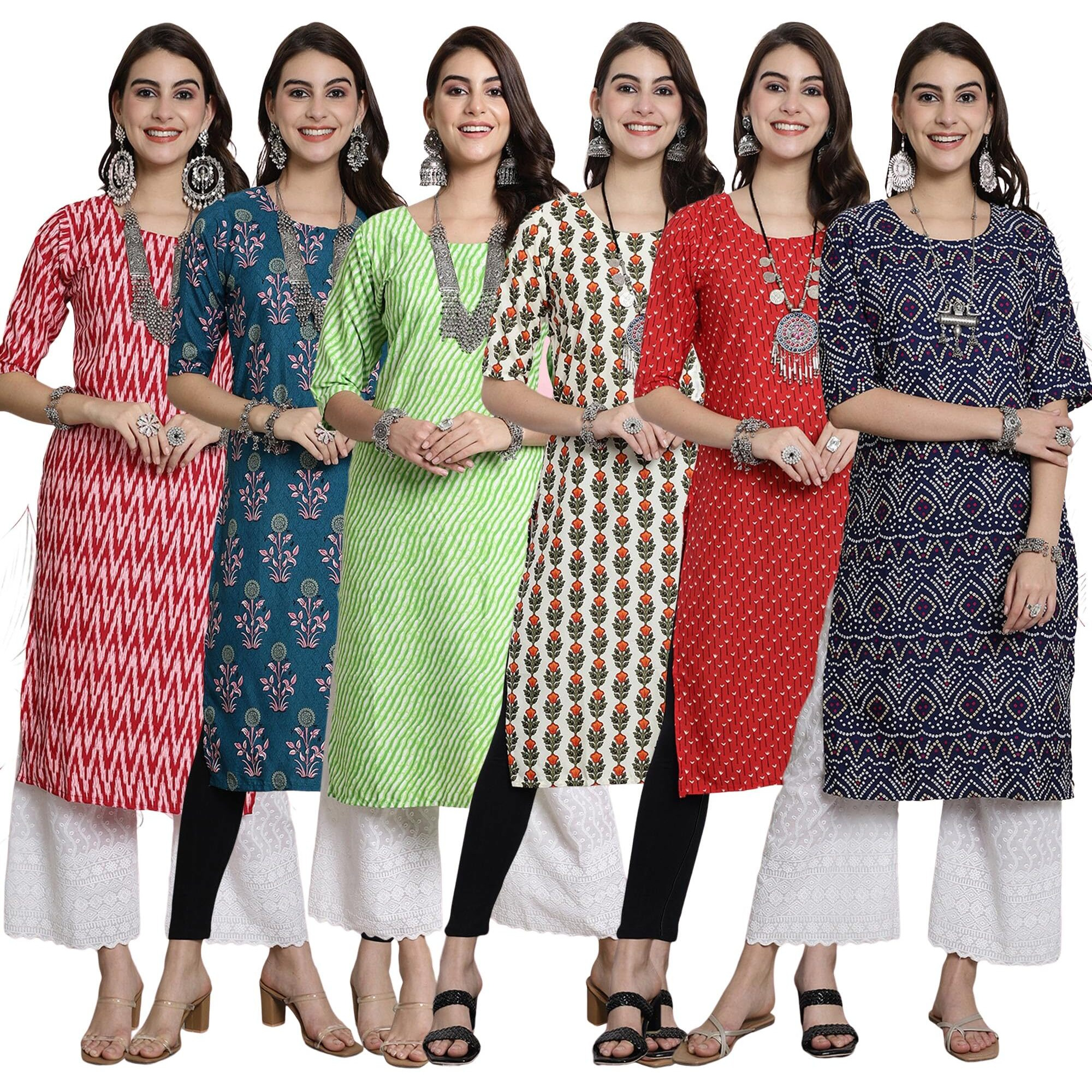 Pinkmint Festival Wear Printed Crepe Kurti's For Women's Ll Ethnic Kurti Ll Comfortable Kurti (Pack Of 6)