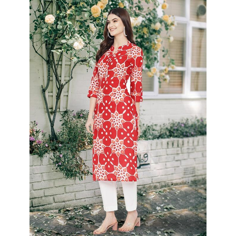 Pinkmint Women Cotton Printed Kurta Stylish Regulr Fit Girl's Combo Kurta Ll Regular Fit Combo Kurta (Pack Of 2) Red-Cream
