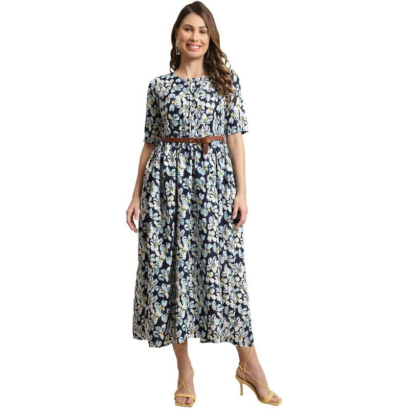 Preneum Women's Georgette Floral Printed 3/4 Slevees A-Line Fit & Flare Gown With Beltindo-Western Ethnic Gown || A-Line Maxi Dress Casual Wear || Fit & Flare Flared Hem Design, Sky Blue, 2Xl