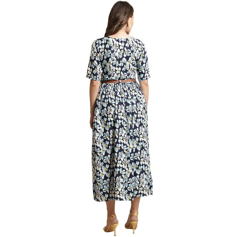 Preneum Women's Georgette Floral Printed 3/4 Slevees A-Line Fit & Flare Gown With Beltindo-Western Ethnic Gown || A-Line Maxi Dress Casual Wear || Fit & Flare Flared Hem Design, Sky Blue, 2Xl