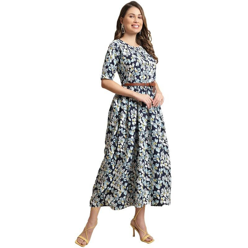 Preneum Women's Georgette Floral Printed 3/4 Slevees A-Line Fit & Flare Gown With Beltindo-Western Ethnic Gown || A-Line Maxi Dress Casual Wear || Fit & Flare Flared Hem Design, Sky Blue, 2Xl