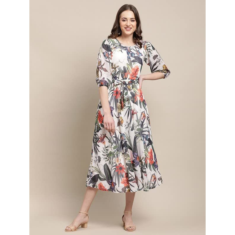 Preneum Women's Maxi Fit & Flare Latest Style Print Georgette Regular Sleeves Casual Summer Maxi Dress || Festival & Occasion, White, S