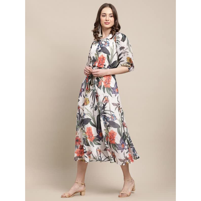 Preneum Women's Maxi Fit & Flare Latest Style Print Georgette Regular Sleeves Casual Summer Maxi Dress || Festival & Occasion, White, S