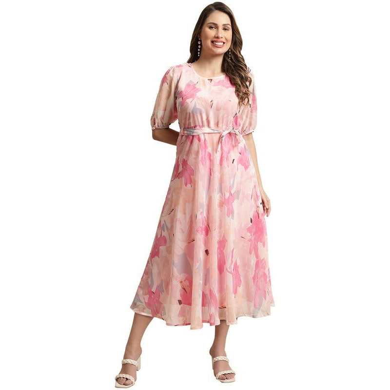 Preneum Women Fit & Flare Latest Style Print Georgette Regular Sleeves Casual Summer Maxi Dress | Festival & Occasion, Rose Pink, L