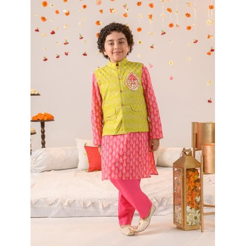Pspeaches Boys Ethnic Motifs Printed Pure Cotton Kurta With Pyjamas And Nehru Jacket
