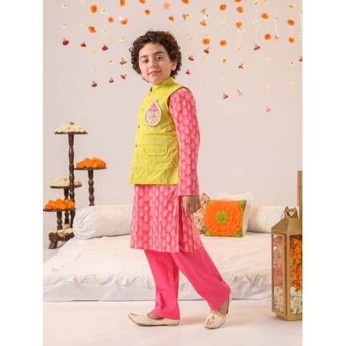 Pspeaches Boys Ethnic Motifs Printed Pure Cotton Kurta With Pyjamas And Nehru Jacket