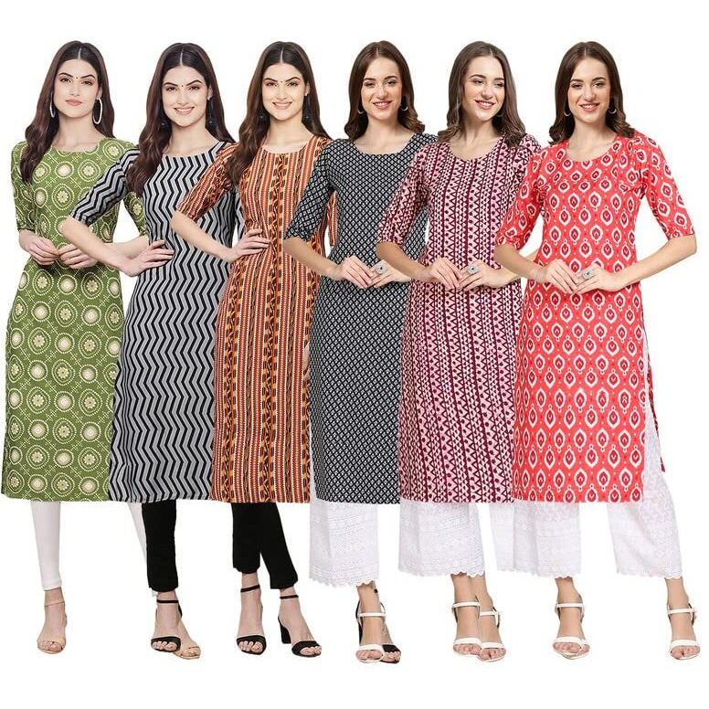 Pinkmint Women's Crepe Digital Print Straight Kurta [Pack Of 6](Qv-338-336-344-349-347-346-M)