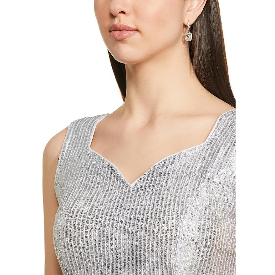 Pujia Mills Women's Multicolor Sweetheart Neck Georgette Line Soft Embroidery Sequence Zari Work Sleeves Readymade Saree Blouse (34, Silver)