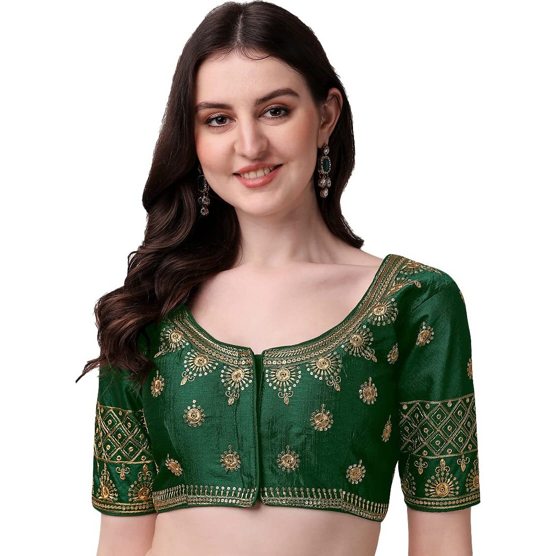Pujia Mills Women's Silk Embroidery Coding Multi Work Readymade Saree Blouse(Suraj Green_38)