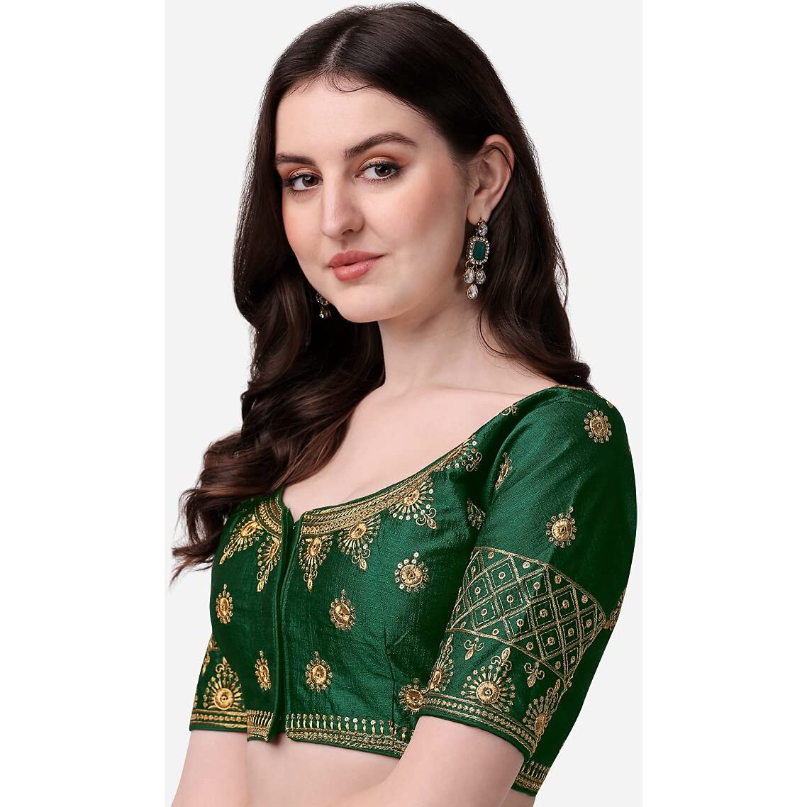 Pujia Mills Women's Silk Embroidery Coding Multi Work Readymade Saree Blouse(Suraj Green_38)