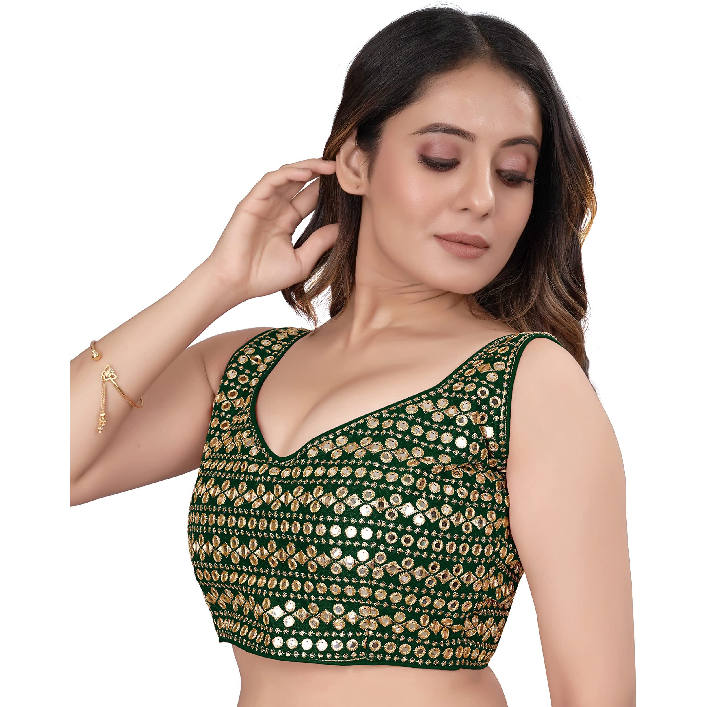 Pujia Mills Womens Readymade Sweetheart Neck Sleeveless Mirror Saree Blouse.(Paper Foil Bottle Green_38)