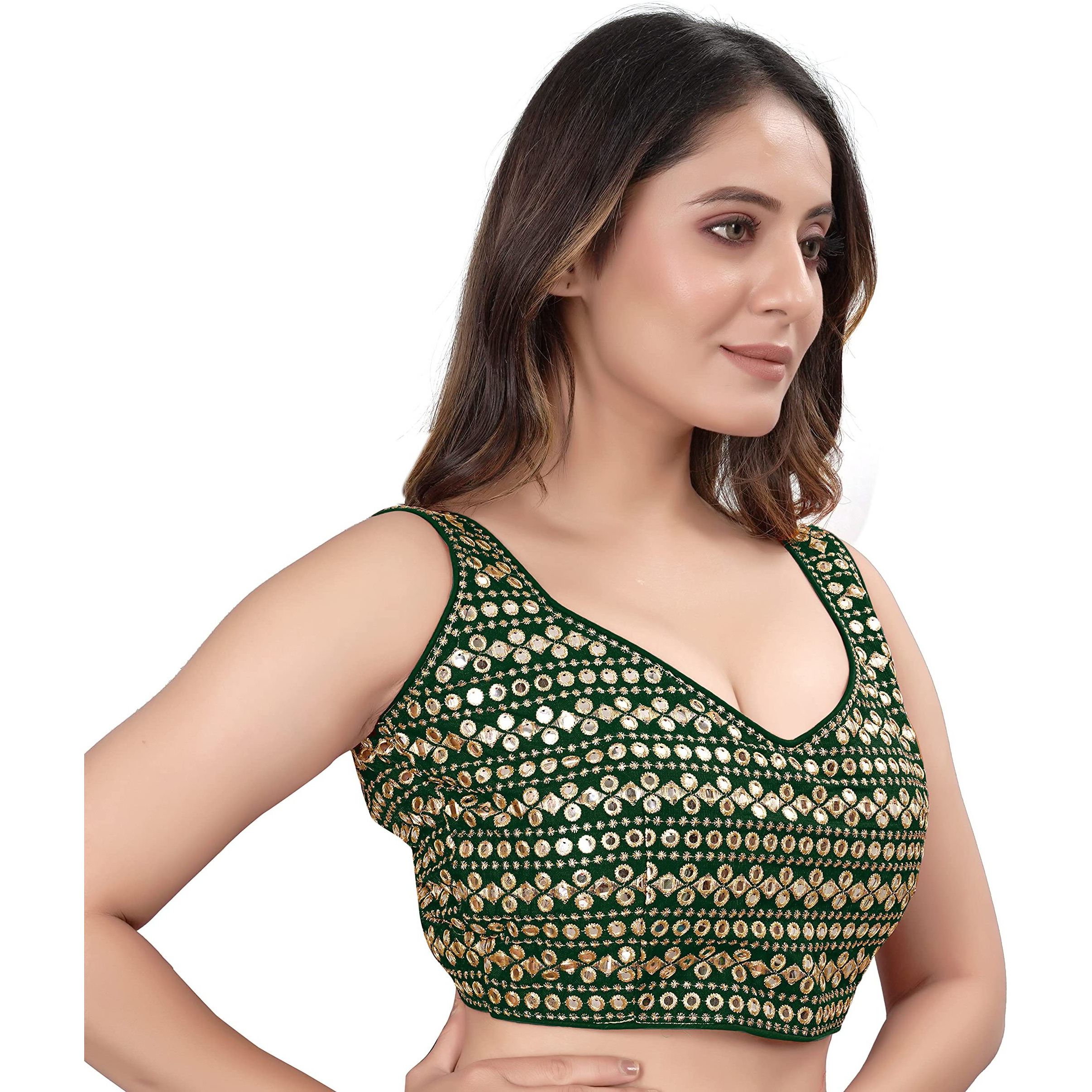 Pujia Mills Womens Readymade Sweetheart Neck Sleeveless Mirror Saree Blouse.(Paper Foil Bottle Green_38)