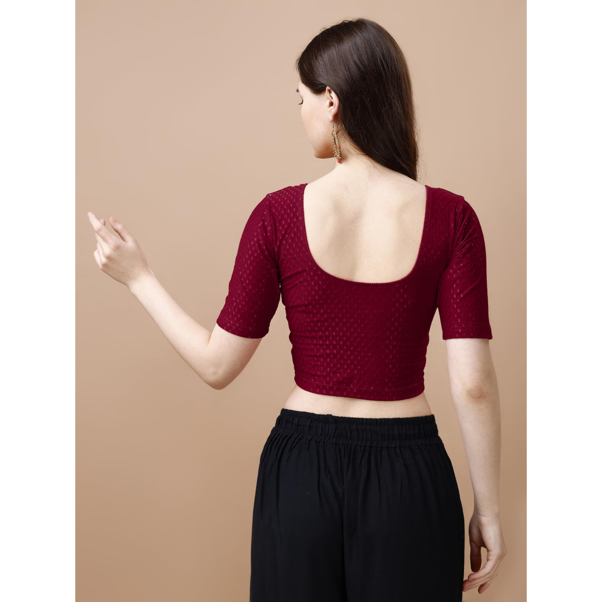 Pujia Mills Women's Readymade Dobby Cotton Lycra Stretchable Round Neck Half Sleeve Blouse Fancy Maroon Color Lycra Stretchable Blouse For Women Stylish Readymade Saree Blouse
