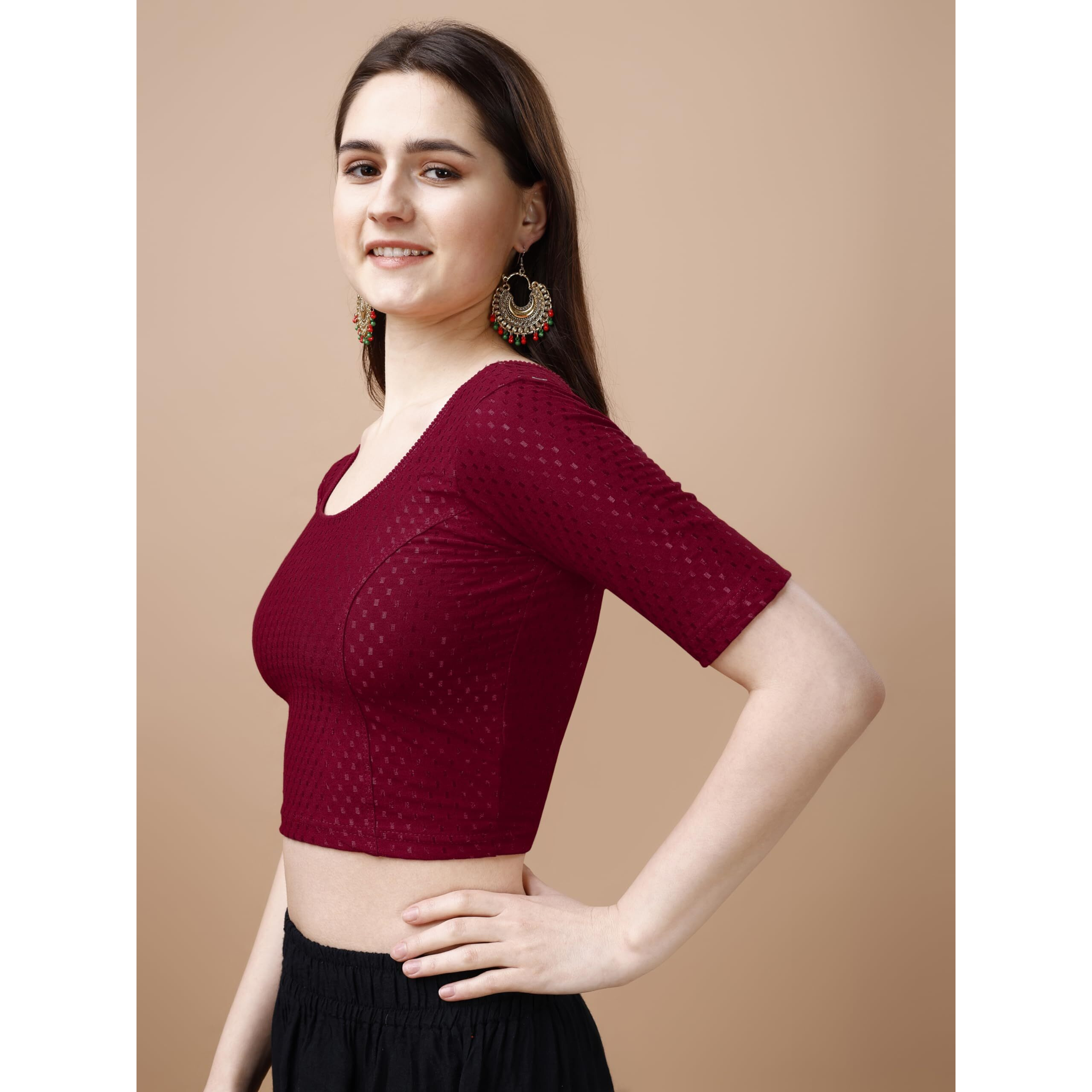 Pujia Mills Women's Readymade Dobby Cotton Lycra Stretchable Round Neck Half Sleeve Blouse Fancy Maroon Color Lycra Stretchable Blouse For Women Stylish Readymade Saree Blouse