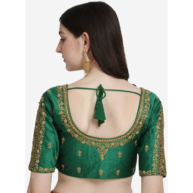 Pujia Mils Women's Silk Floral Half Sleeve Regular Blouse (Gulab Green 38)