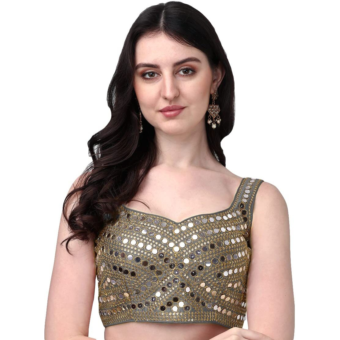 Pujia Mills Women's Phantom Silk Real Mirror Hand Work Readymade Saree Blouse (Sleeves Attached Inside) (Grey)