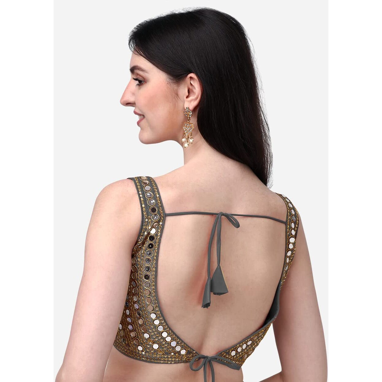 Pujia Mills Women's Phantom Silk Real Mirror Hand Work Readymade Saree Blouse (Sleeves Attached Inside) (Grey)