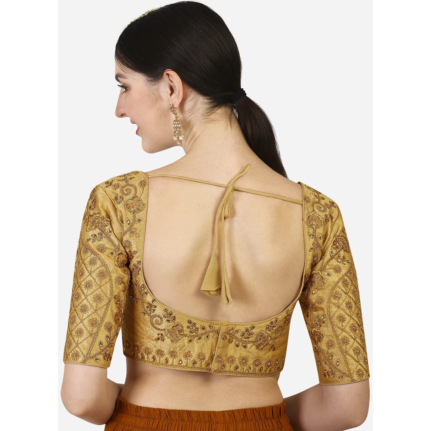 Pujia Mils Women's Silk Floral Half Sleeve Regular (Floral Blouse Gold 36)