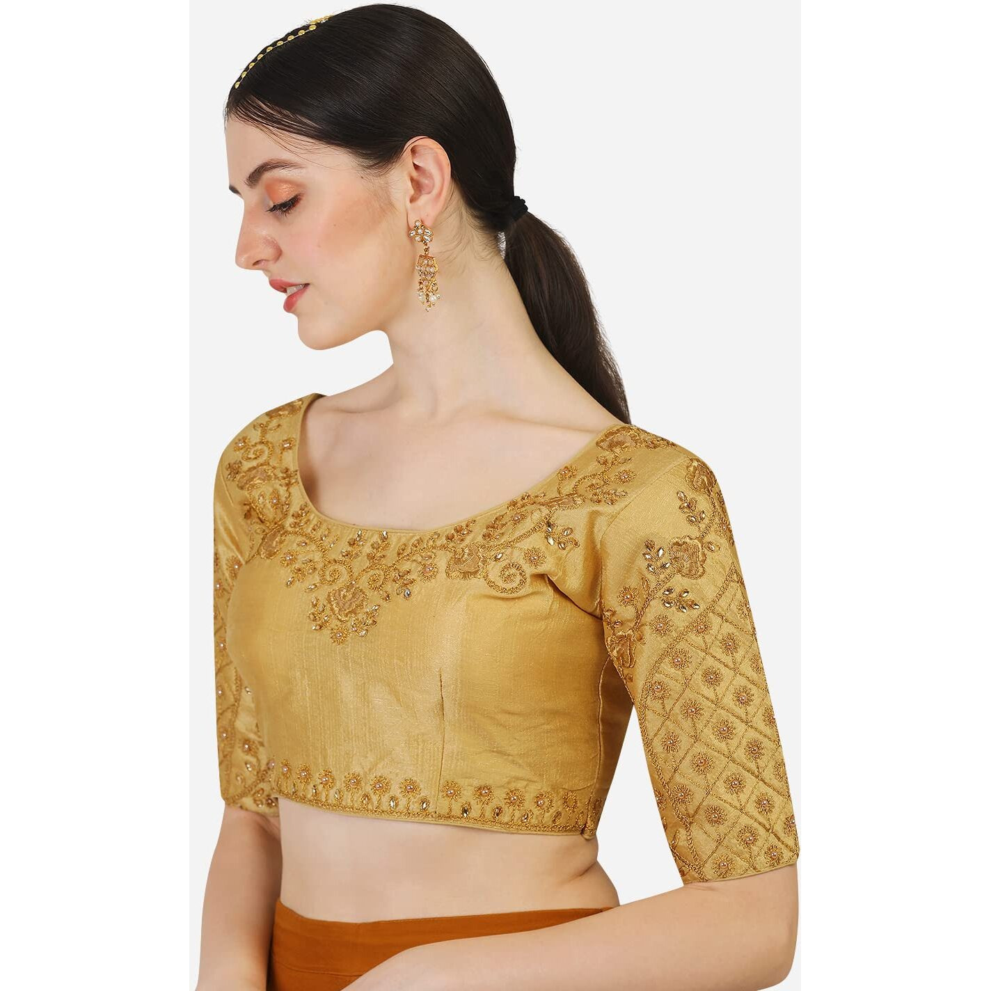 Pujia Mils Women's Silk Floral Half Sleeve Regular (Floral Blouse Gold 36)