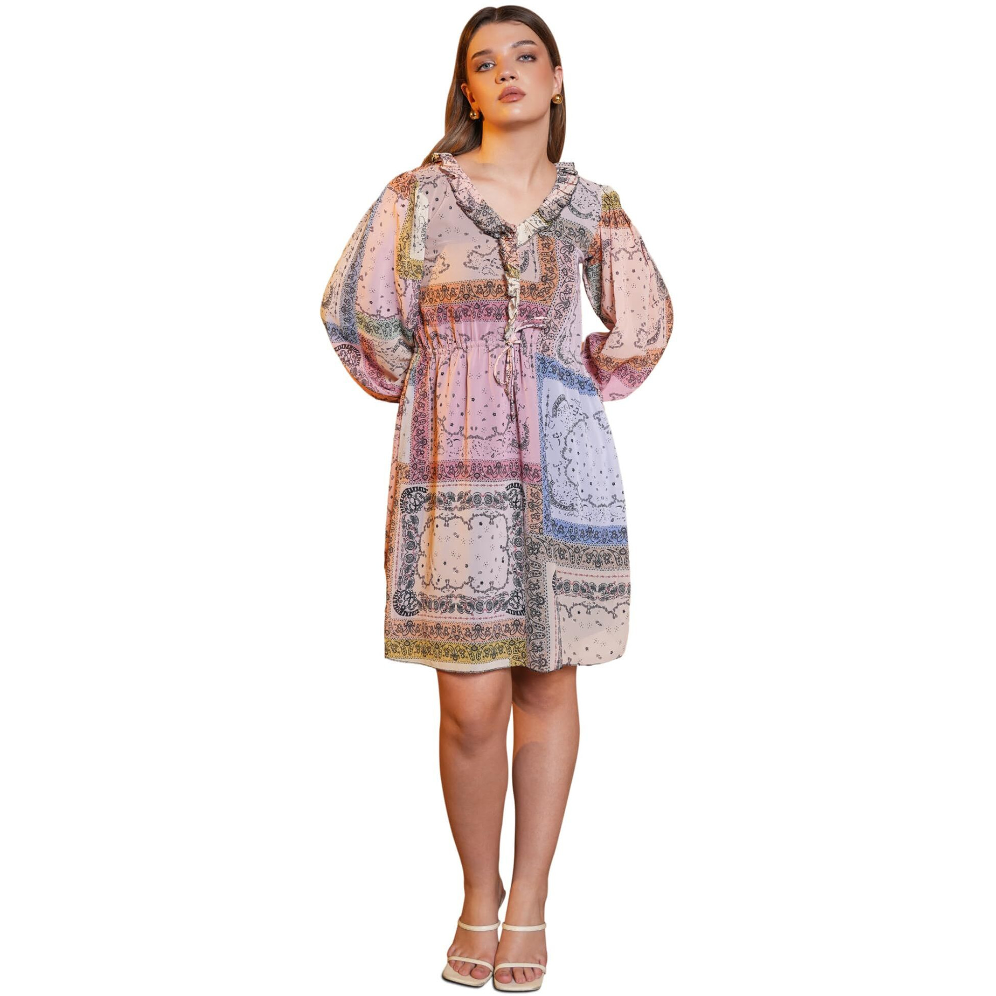 Purvaja Womens Fit & Flare Knee Length Dress (Floe-001_Multi_Large) Multicolour