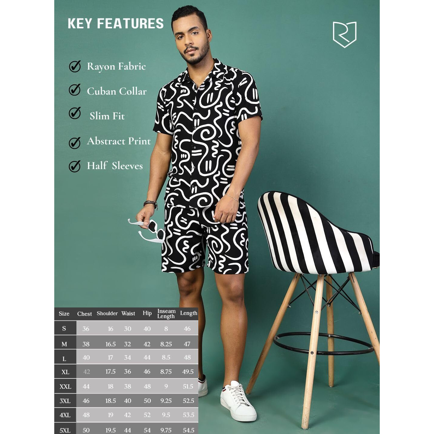 Rigo Printed Co-Ord Set For Men's | Casual Shirt & Shorts Night Suit Set | Lounge-Wear Nightdress Shorts Set For Men's | Night Wear, Beach Wear, Vacation Wear Outfit Black Xl