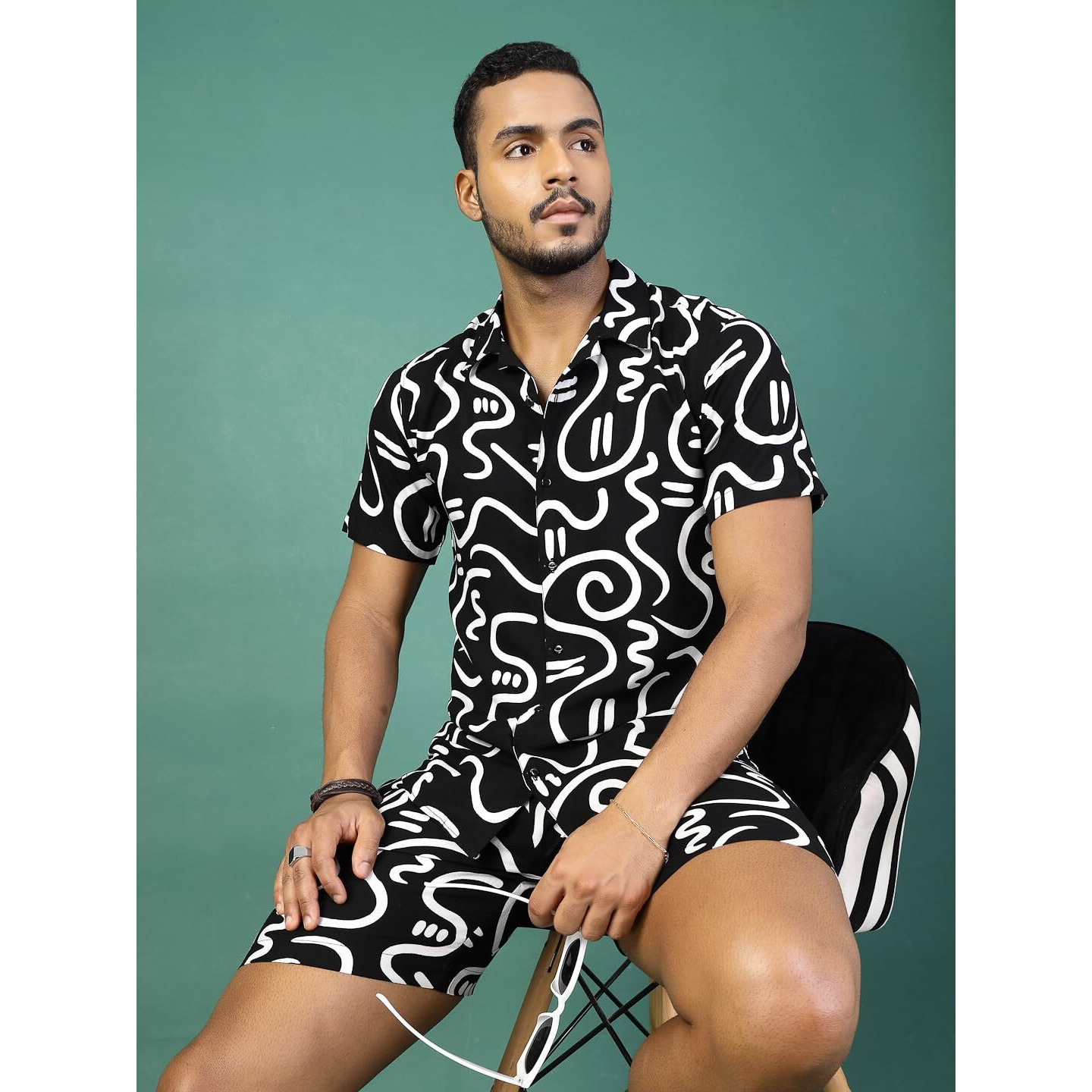 Rigo Printed Co-Ord Set For Men's | Casual Shirt & Shorts Night Suit Set | Lounge-Wear Nightdress Shorts Set For Men's | Night Wear, Beach Wear, Vacation Wear Outfit Black Xl