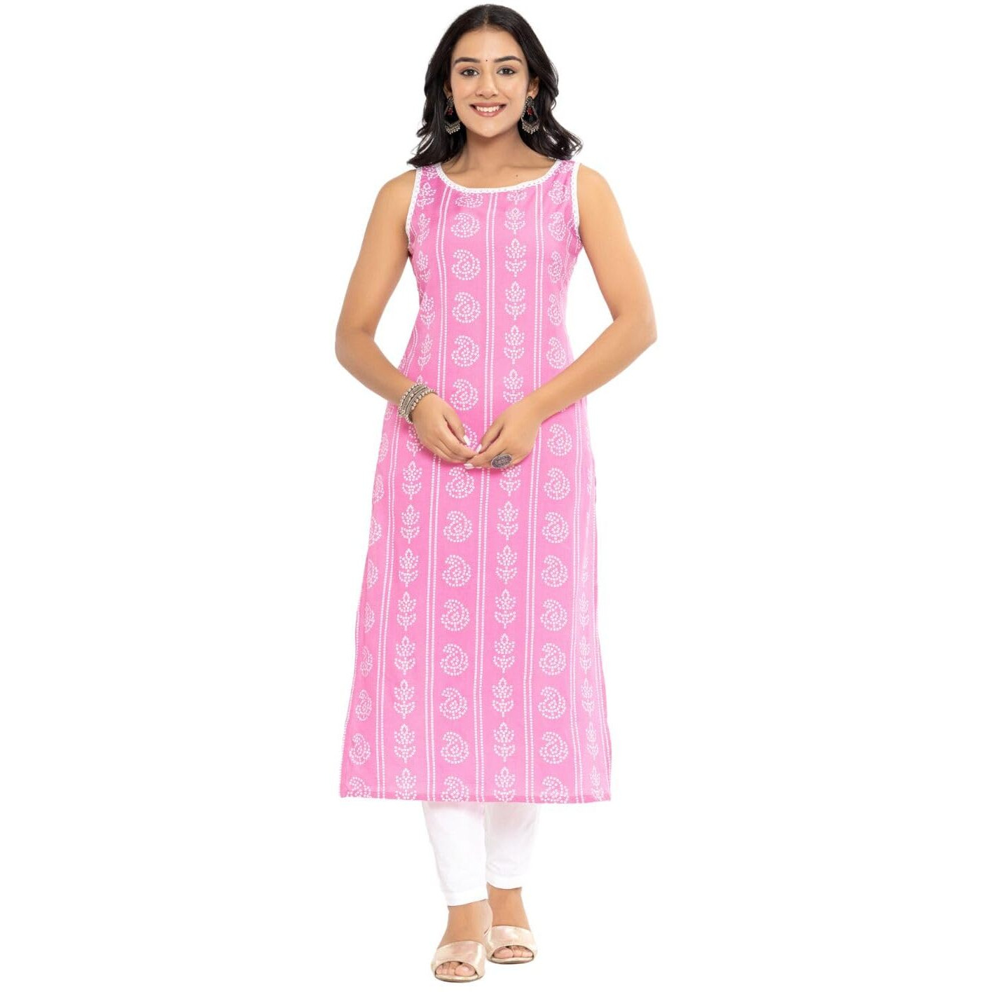 Rytras Women's Printed Straight Sleeveless Kurta(Pink,S)