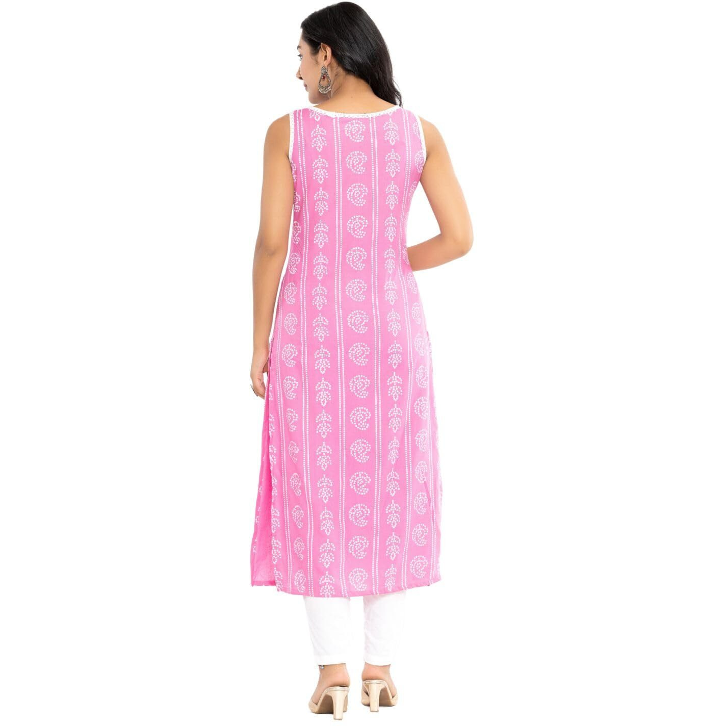 Rytras Women's Printed Straight Sleeveless Kurta(Pink,S)