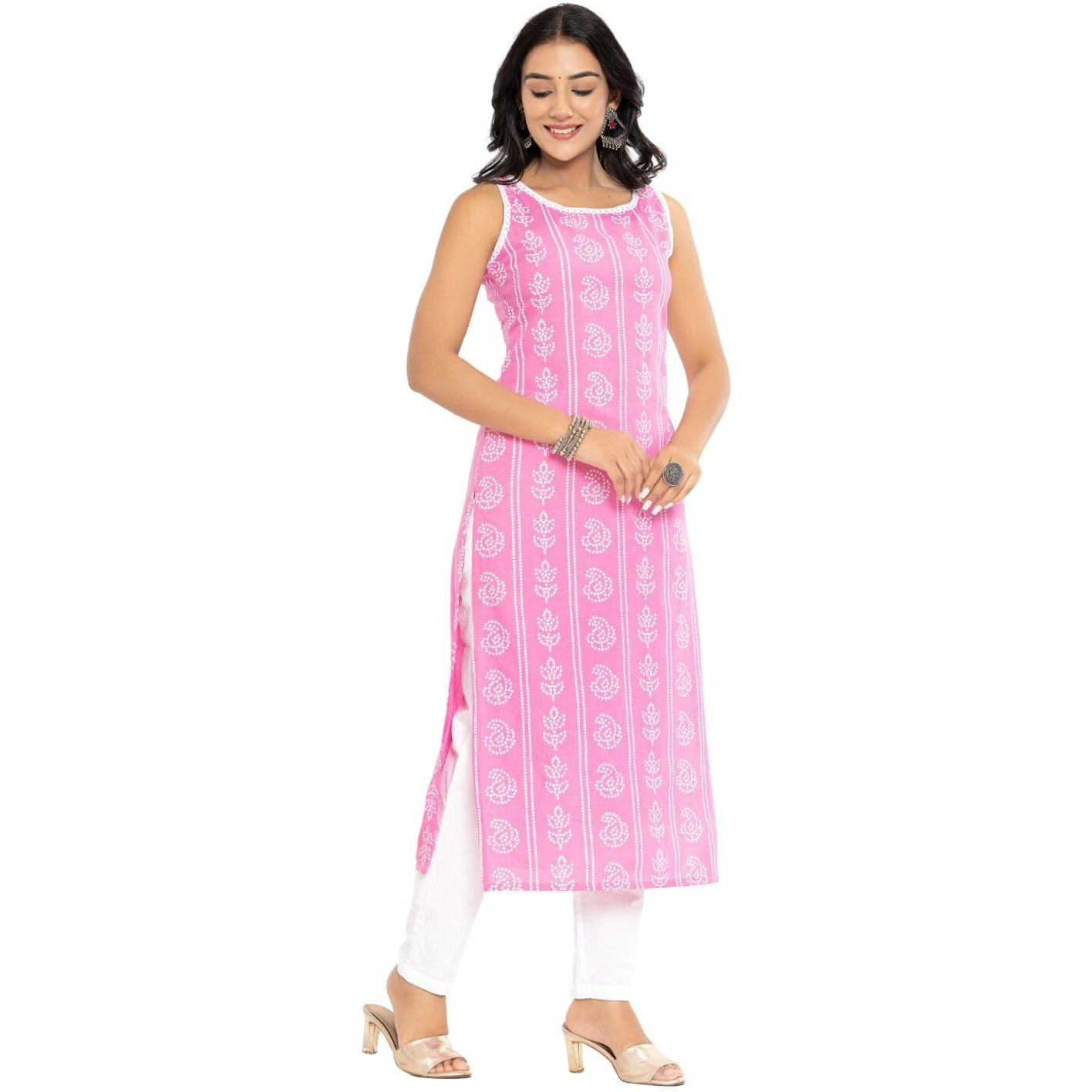 Rytras Women's Printed Straight Sleeveless Kurta(Pink,S)