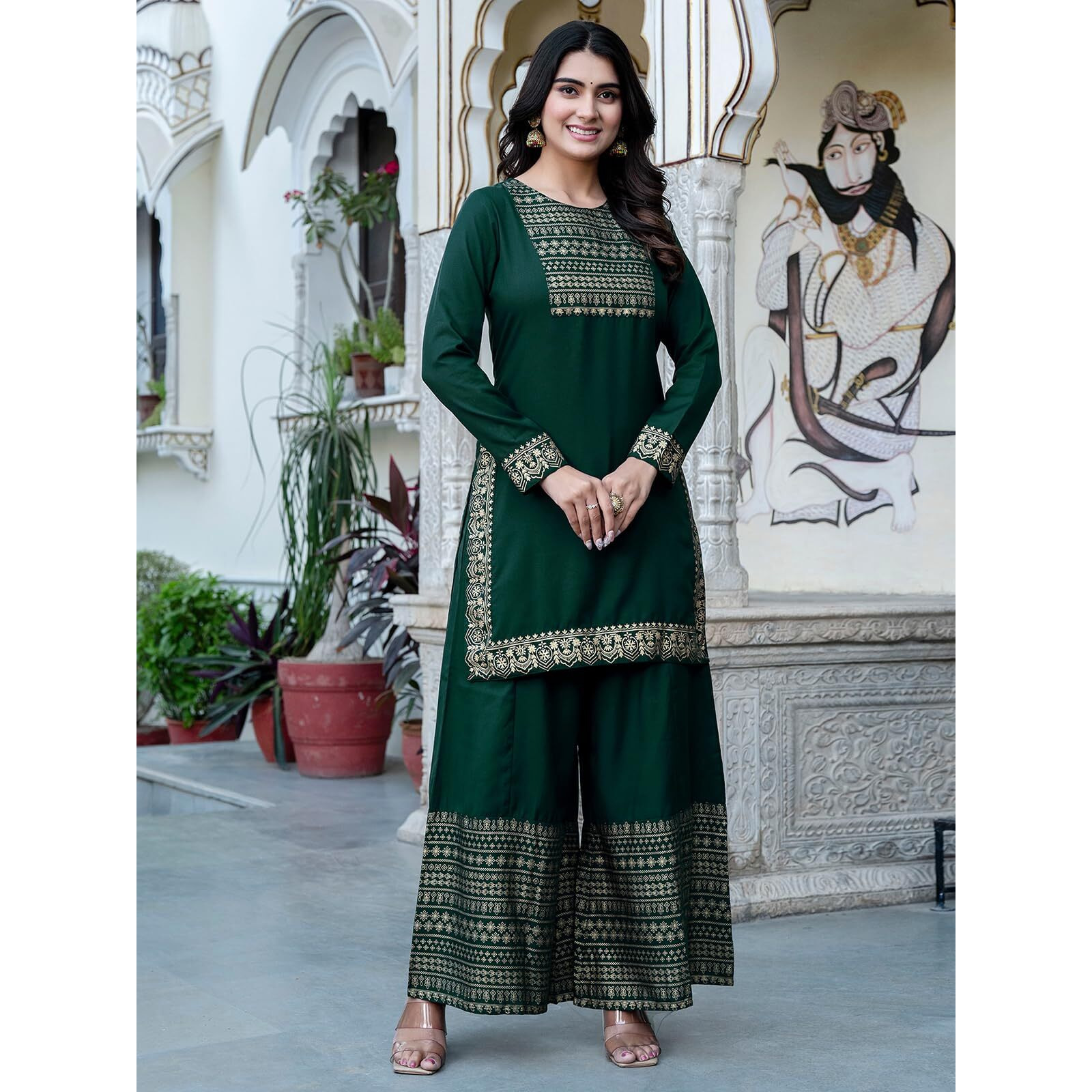 Sanisa Women's Cotton Blend Foil Printed Straight Kurta With Pant And Dupatta Set (54Kbd637N-L_Dark Green & Gold)