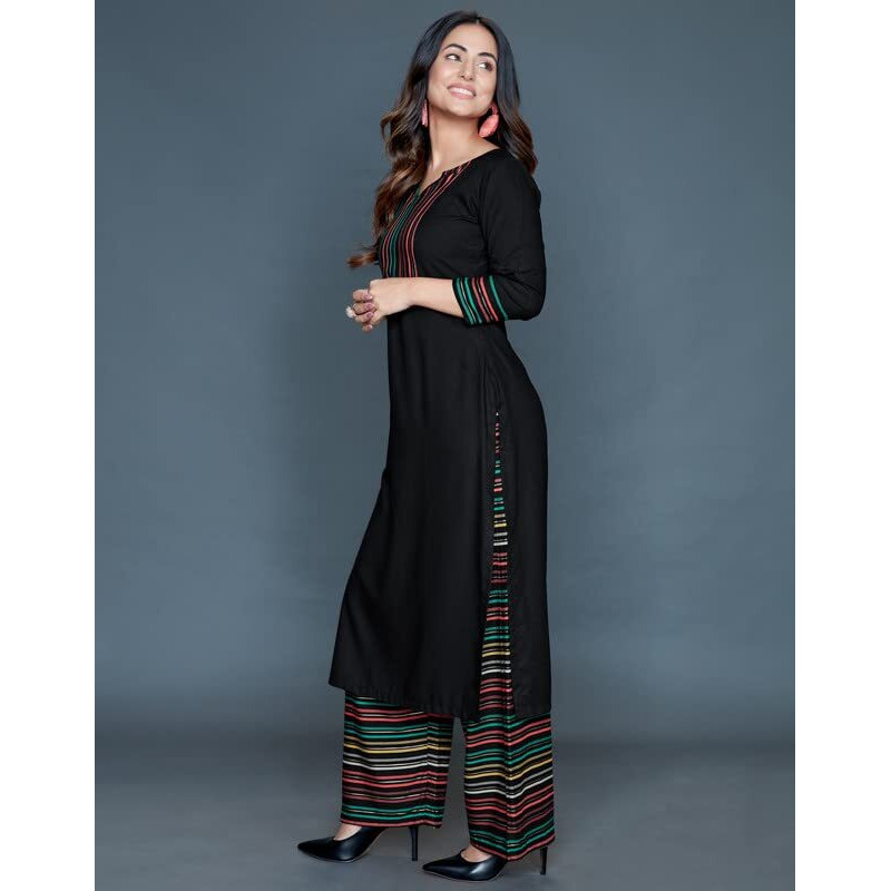 Sanisa Women's Printed Rayon Straight Kurti (316K712N-S_Black)