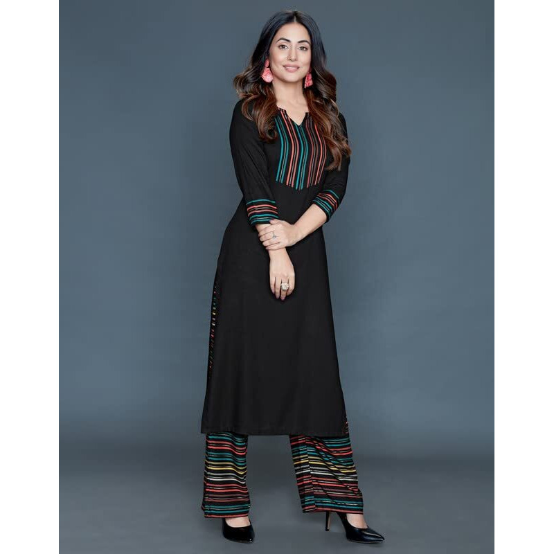 Sanisa Women's Printed Rayon Straight Kurti (316K712N-S_Black)