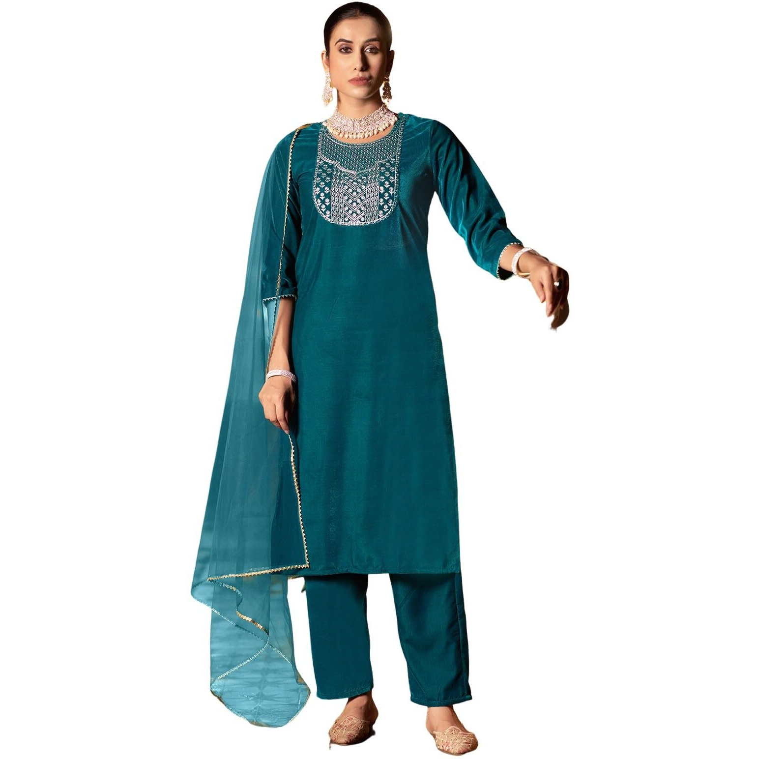 Sanisa Women's Velvet Sequins Embroidery Straight Kurta With Pant And Dupatta Set (224Kbd2373N-L_Rama Blue2)
