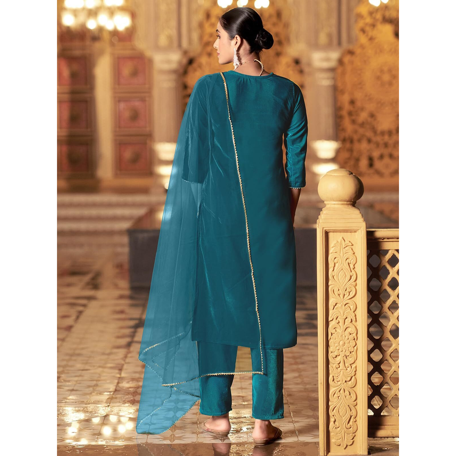 Sanisa Women's Velvet Sequins Embroidery Straight Kurta With Pant And Dupatta Set (224Kbd2373N-L_Rama Blue2)