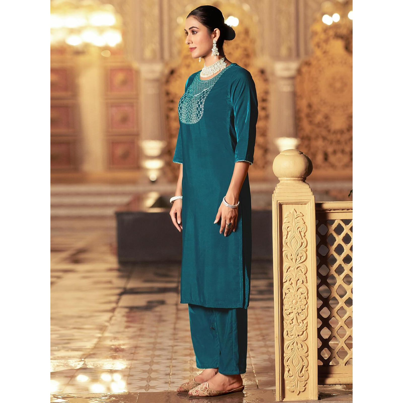 Sanisa Women's Velvet Sequins Embroidery Straight Kurta With Pant And Dupatta Set (224Kbd2373N-L_Rama Blue2)