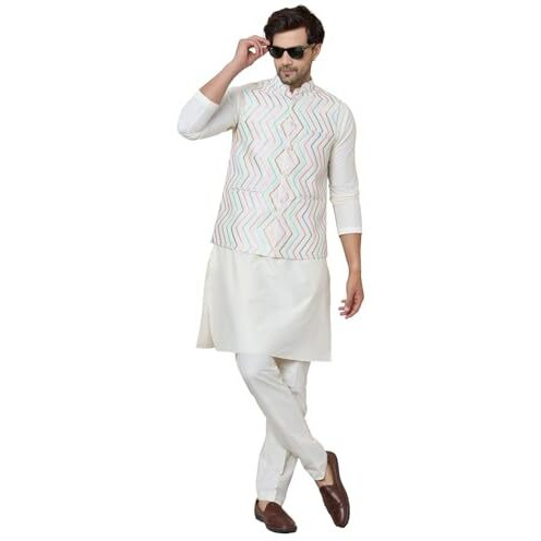 See Designs Men's White Sequin Embroidered Nehru Jacket With Solid Kurta-Pyjama (3 Piece Set) - Sdnj263501L