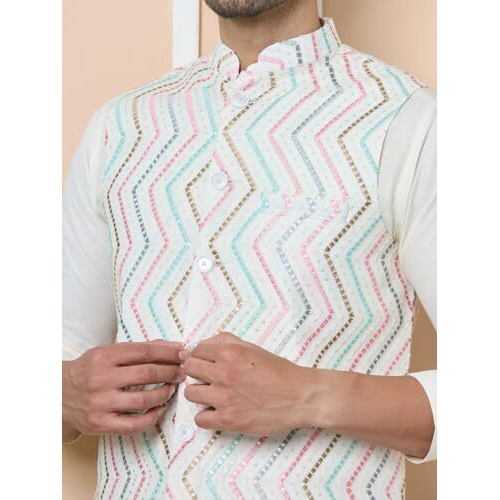 See Designs Men's White Sequin Embroidered Nehru Jacket With Solid Kurta-Pyjama (3 Piece Set) - Sdnj263501L