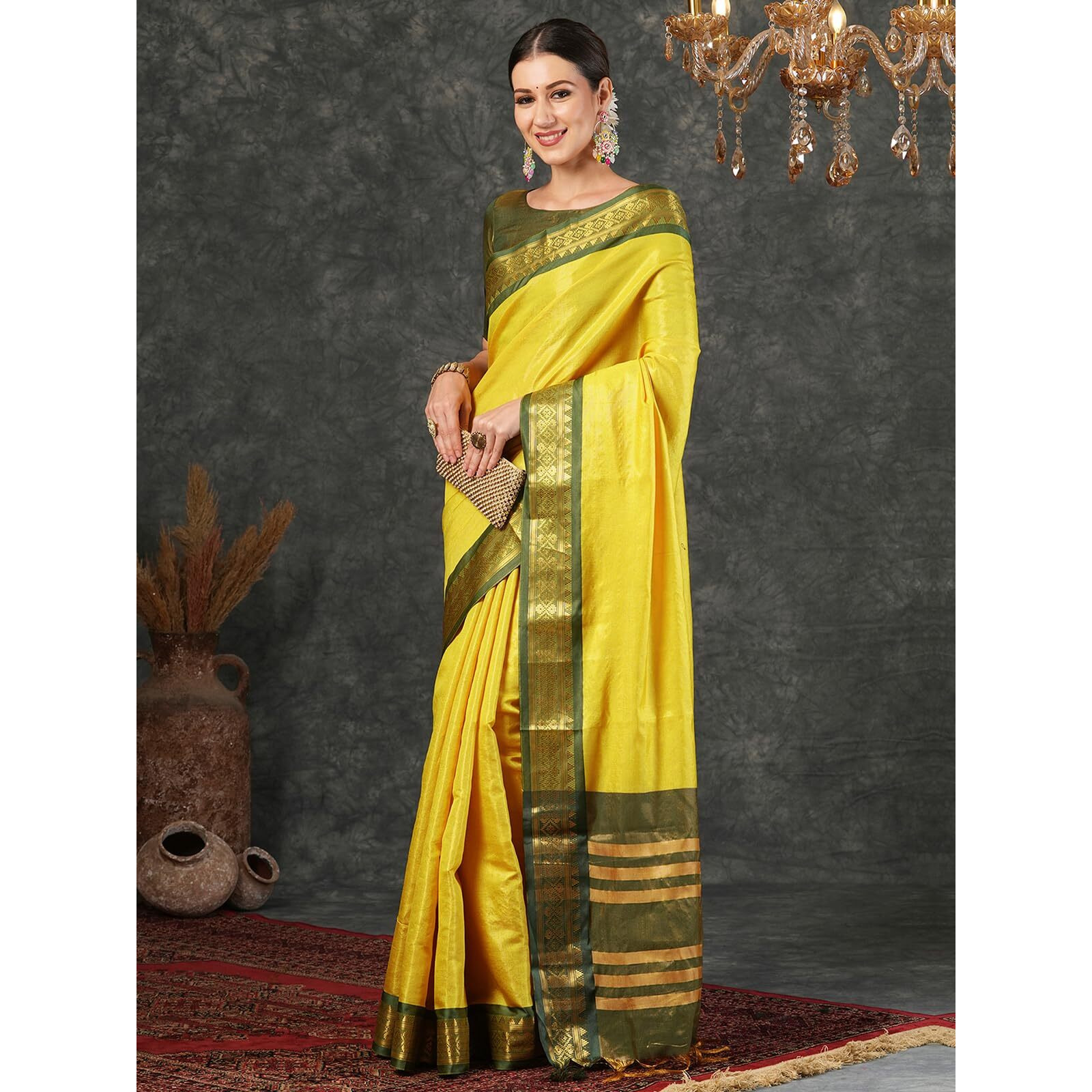 Satrani Women's Cotton Silk Banarasi Jacquard Weaving Saree With Unstitched Blouse Piece (4027S170N_Yellow & Dark Green)