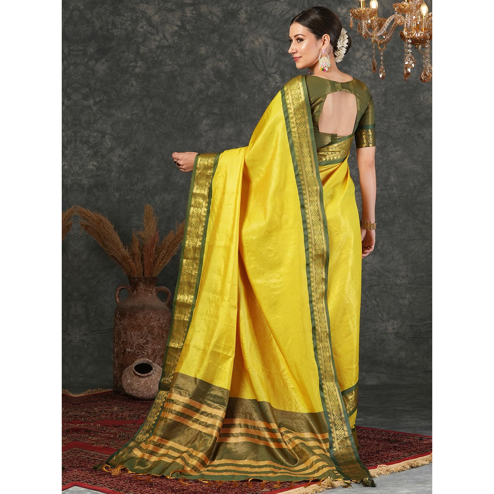 Satrani Women's Cotton Silk Banarasi Jacquard Weaving Saree With Unstitched Blouse Piece (4027S170N_Yellow & Dark Green)