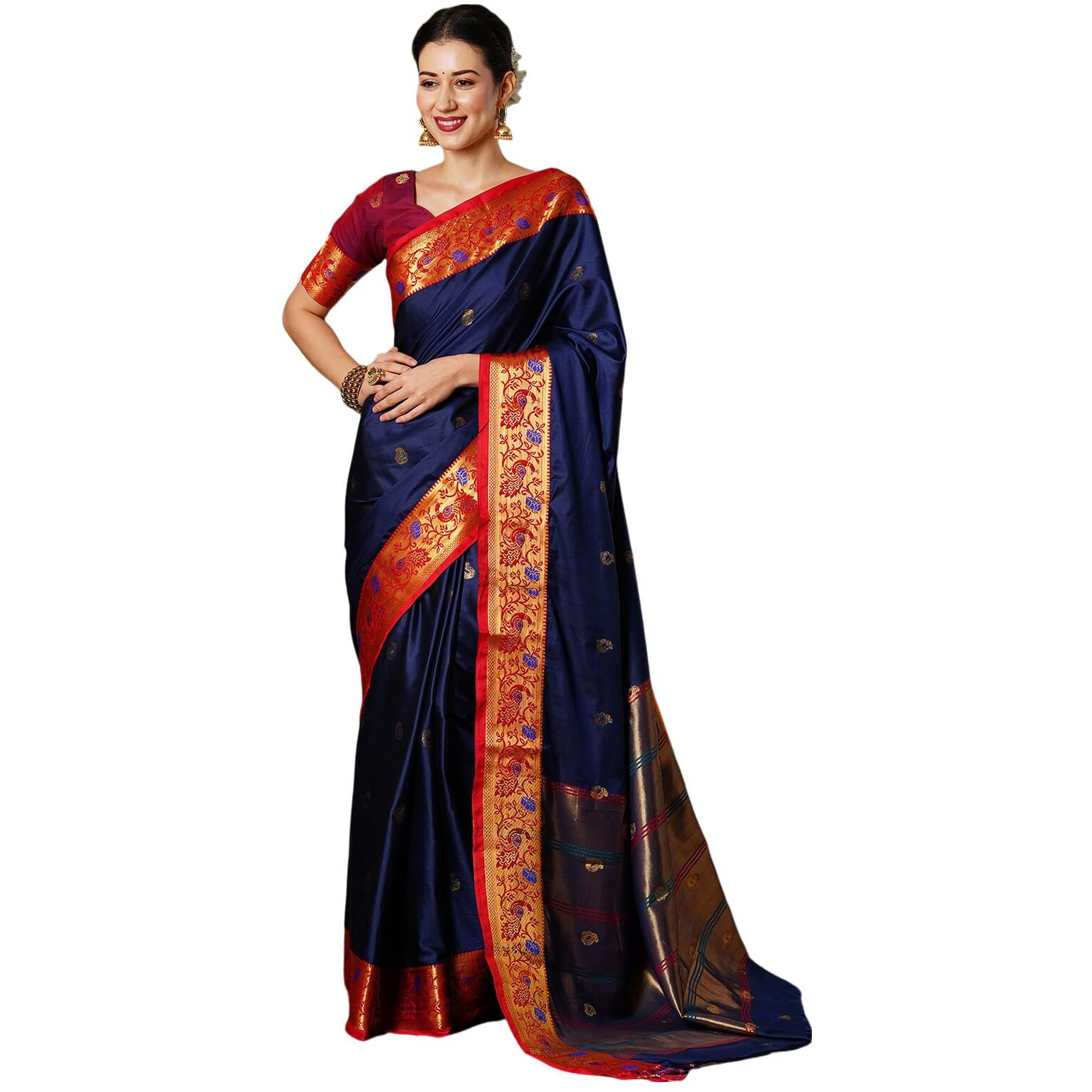 Satrani Women's Banarasi Jacquard Kanjivaram Silk Saree With Unstitched Blouse Piece (3744S116N_Navy Blue & Red)