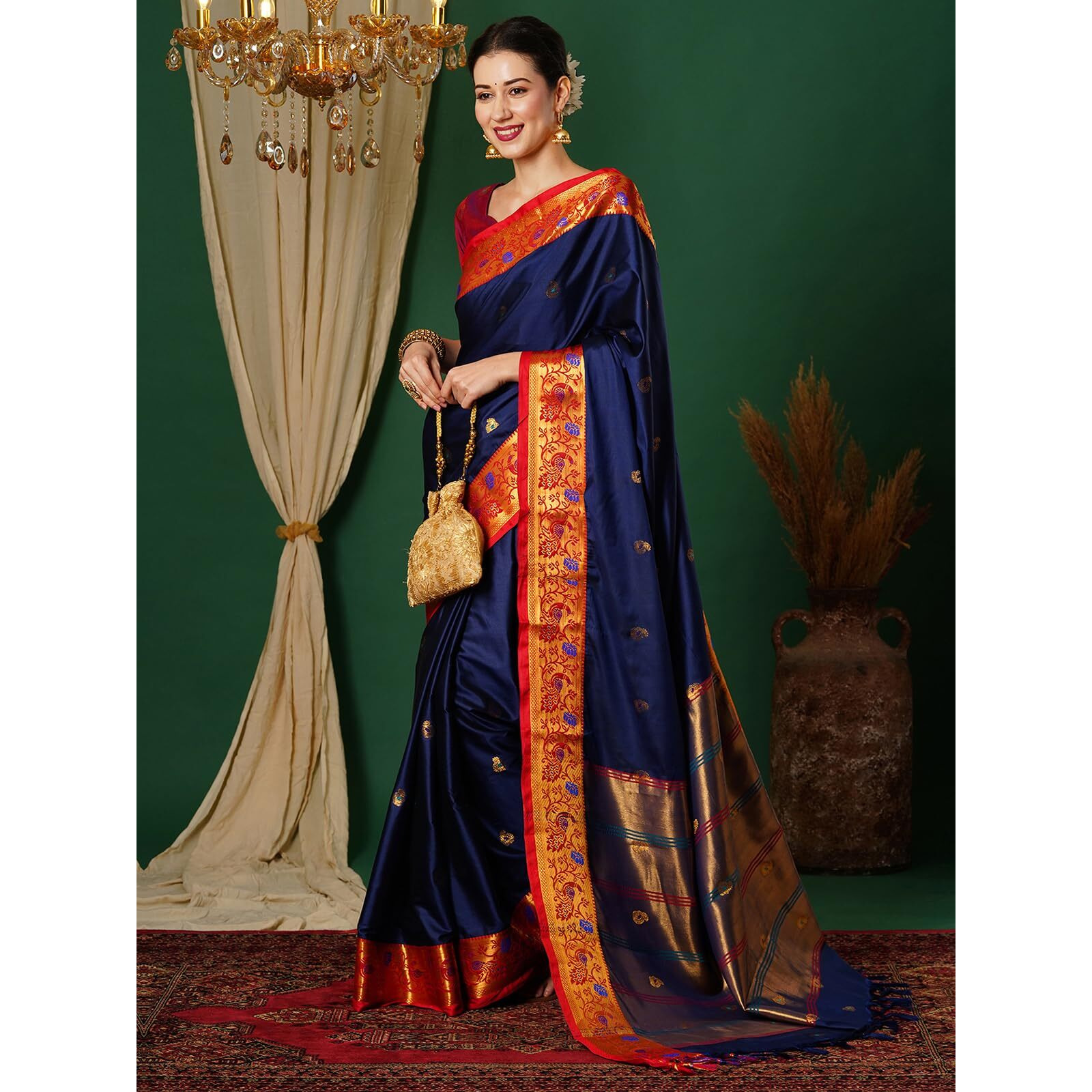 Satrani Women's Banarasi Jacquard Kanjivaram Silk Saree With Unstitched Blouse Piece (3744S116N_Navy Blue & Red)