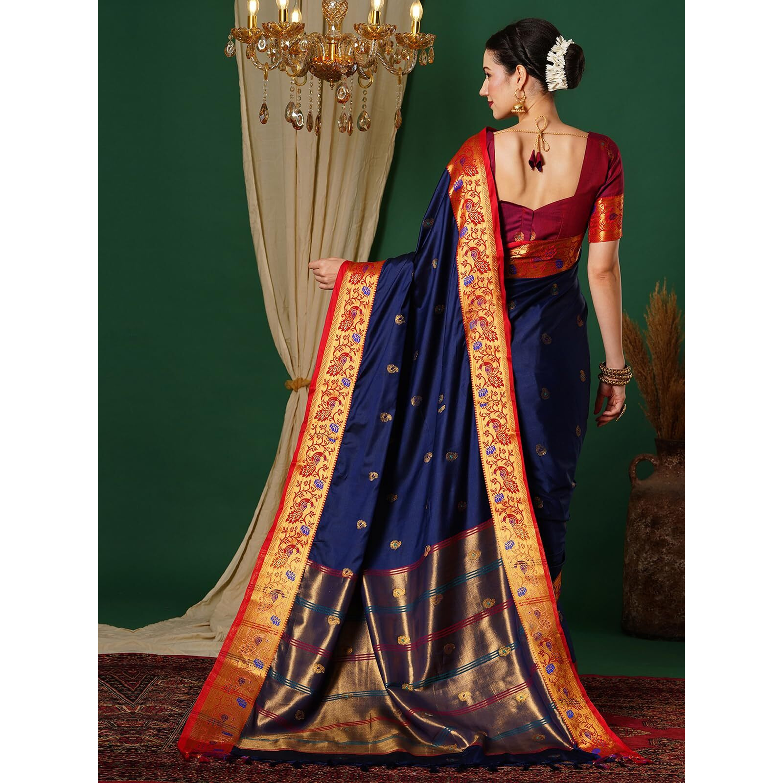 Satrani Women's Banarasi Jacquard Kanjivaram Silk Saree With Unstitched Blouse Piece (3744S116N_Navy Blue & Red)