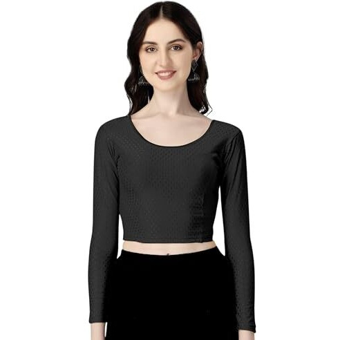 Shiv Textiles Round Neck Dobby Cotton Lycra Stretchable Elbow Sleeve Readymade Saree Blouse For Women Stylish (Blackfree Size Full Sleeve)
