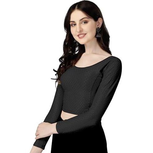 Shiv Textiles Round Neck Dobby Cotton Lycra Stretchable Elbow Sleeve Readymade Saree Blouse For Women Stylish (Blackfree Size Full Sleeve)