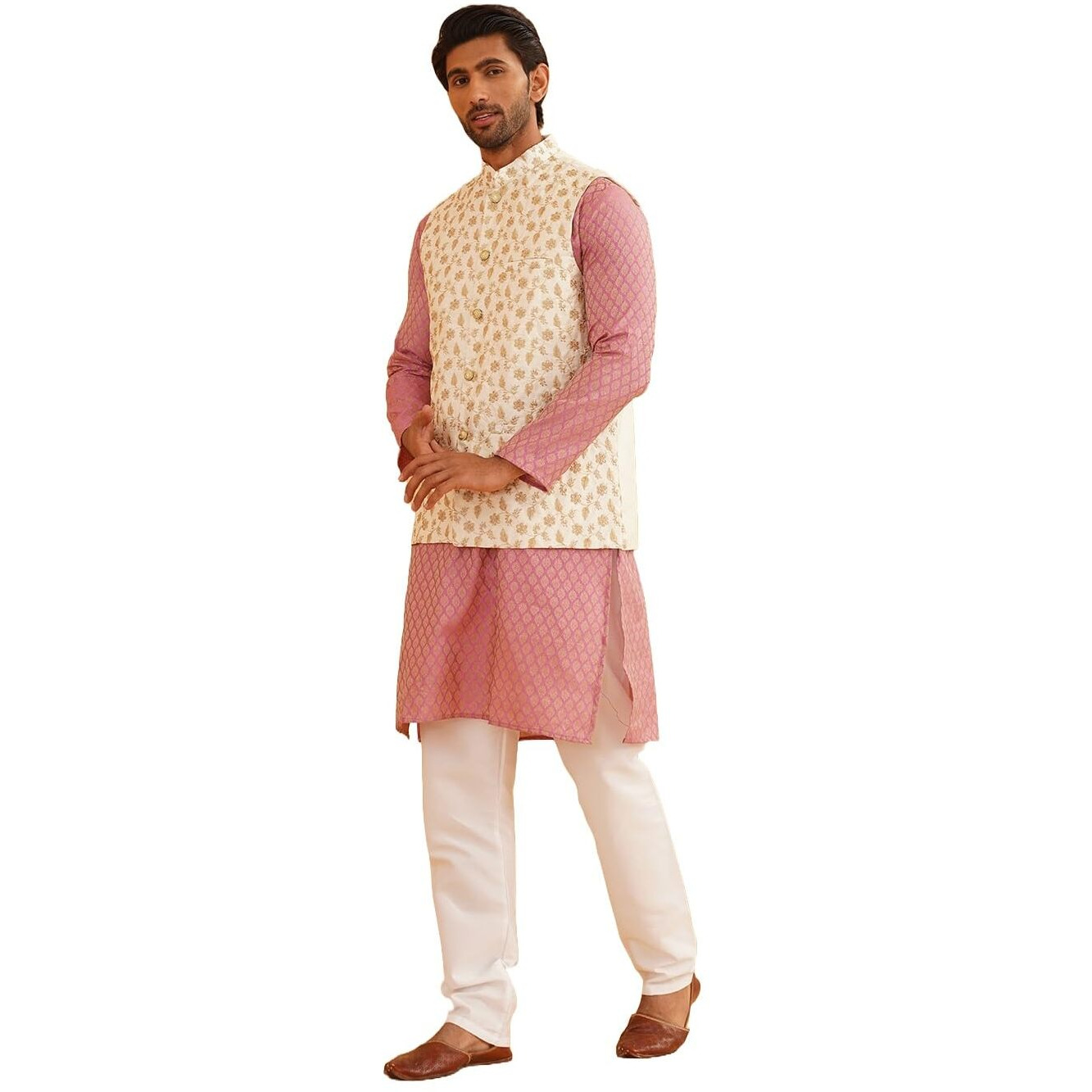 Sojanya (Since 1958 Men's Silk Blend Pink Kurta & Cream Pyjama With Cream Embroidered Nehrujacket