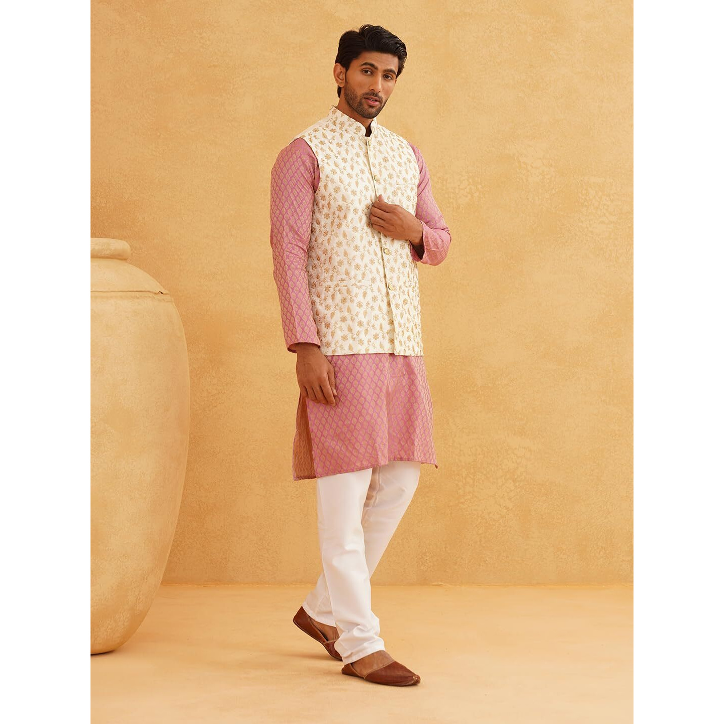 Sojanya (Since 1958 Men's Silk Blend Pink Kurta & Cream Pyjama With Cream Embroidered Nehrujacket