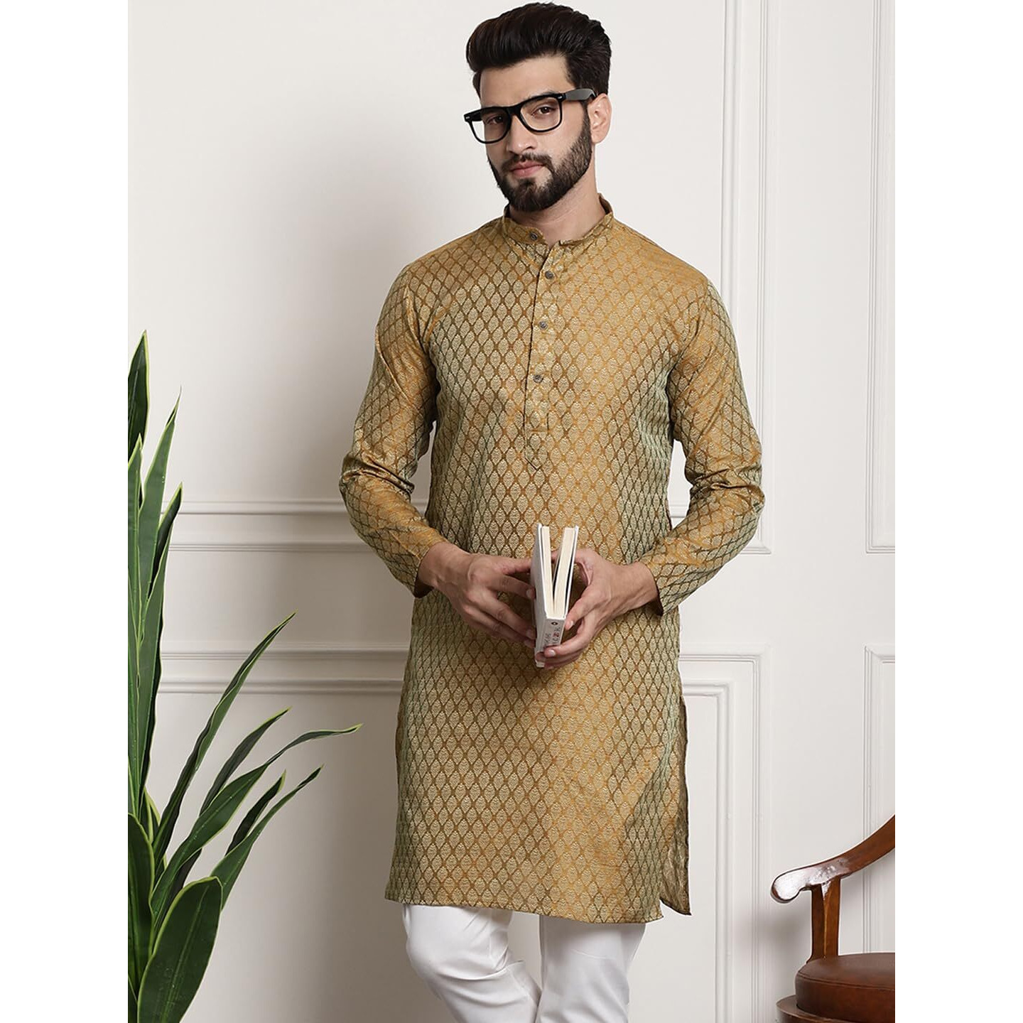 Sojanya Men's (Since 1958) Silk Blend Mustard Color Self Design Only Long Kurta