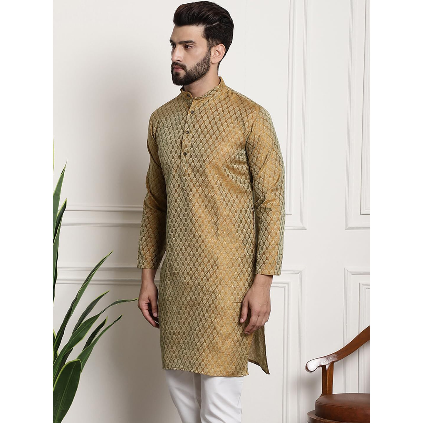 Sojanya Men's (Since 1958) Silk Blend Mustard Color Self Design Only Long Kurta