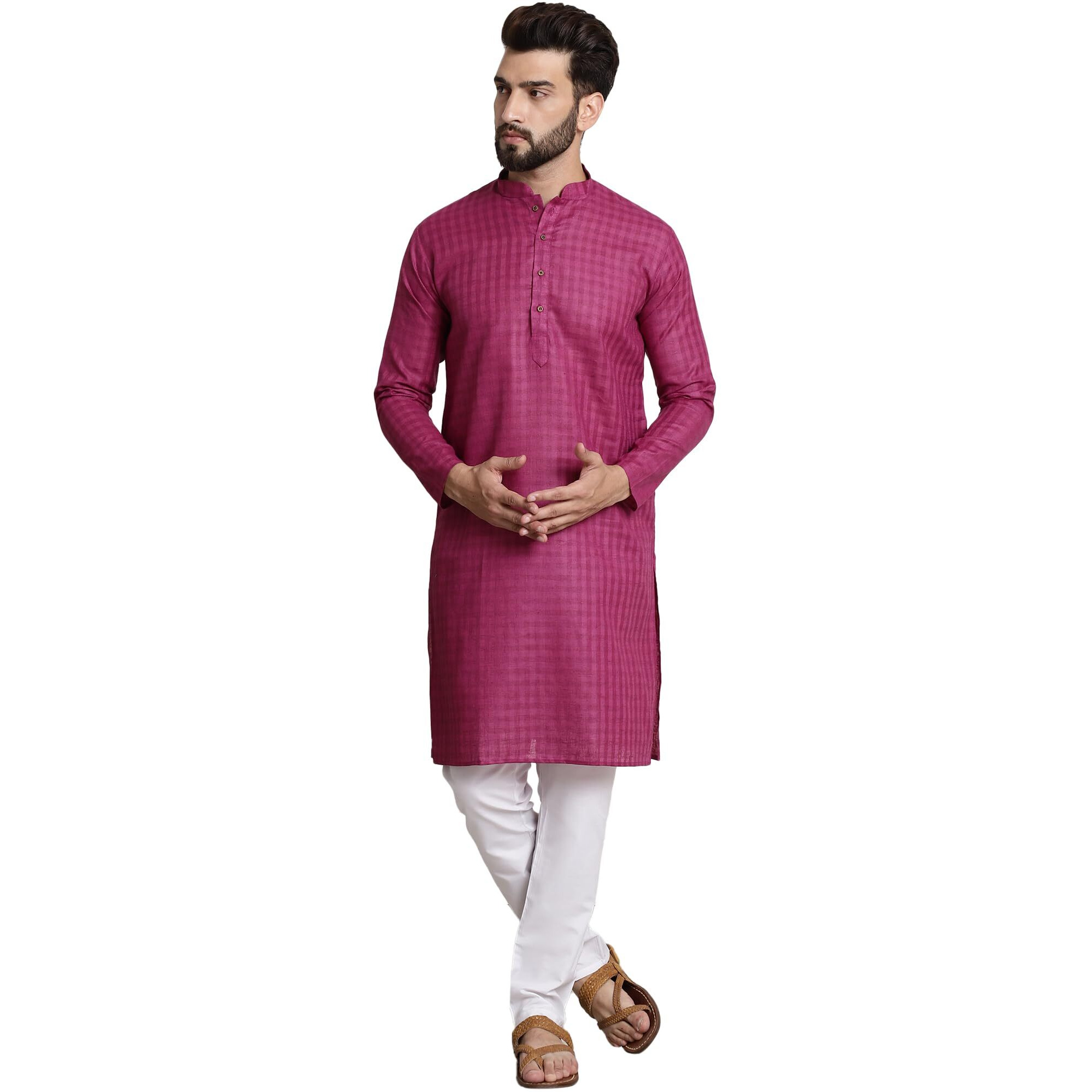 Sojanya (Since 1958 Men's Cotton Blend Magenta Checked Kurta And White Churidar Pyjama Set