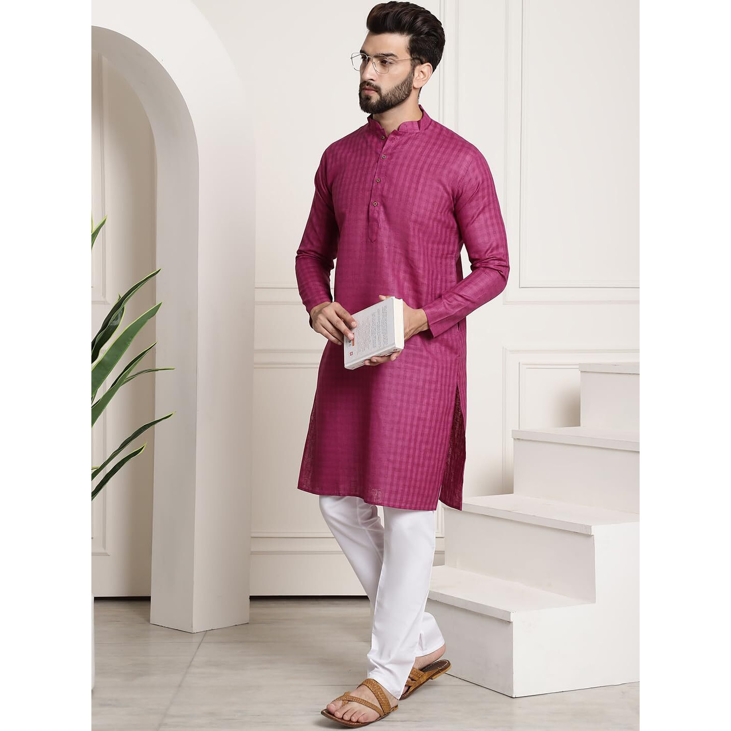 Sojanya (Since 1958 Men's Cotton Blend Magenta Checked Kurta And White Churidar Pyjama Set